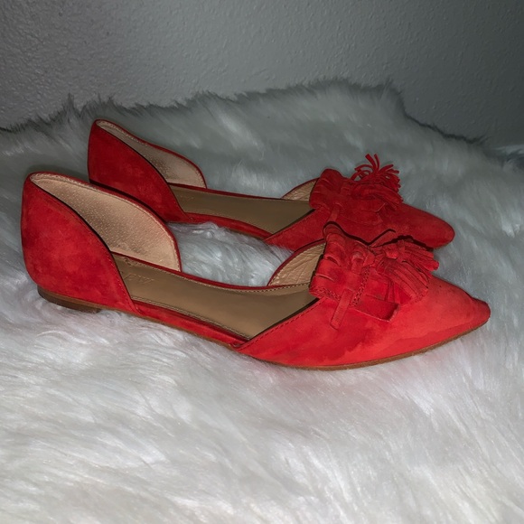 PUBLIC STORAGE TOOK J. CREW bright Red leather pointed Flats Sz 8 fringe suede - Picture 7 of 16
